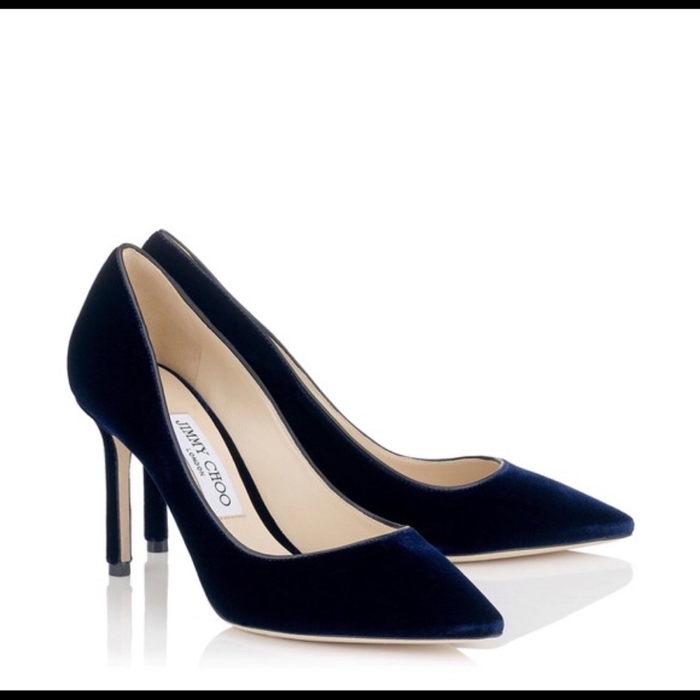 Jimmy Choo Navy Blue Velvet Pointed Toe Pump